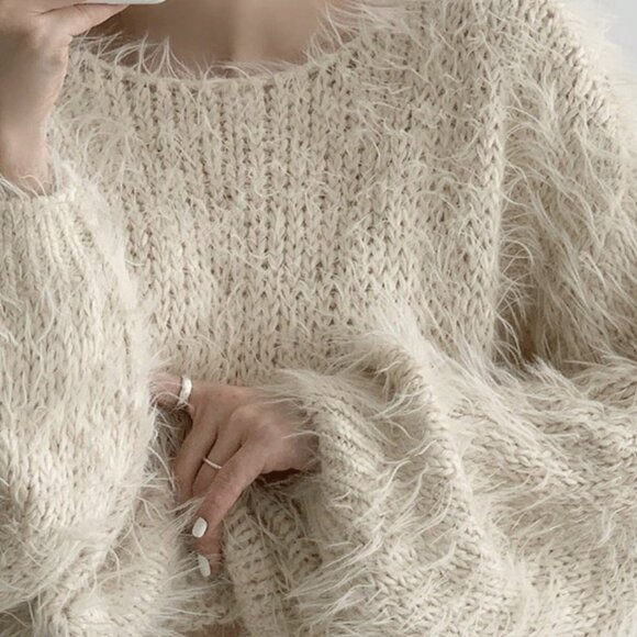 Beige Casual Women's Laid-Back Soft Fluffy Sweater - Picture 3 of 7